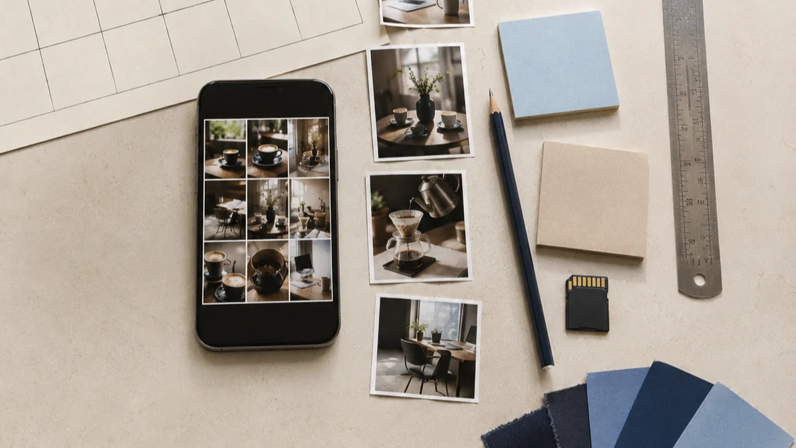 Creative workspace with photography prints, a phone and blue brand materials
