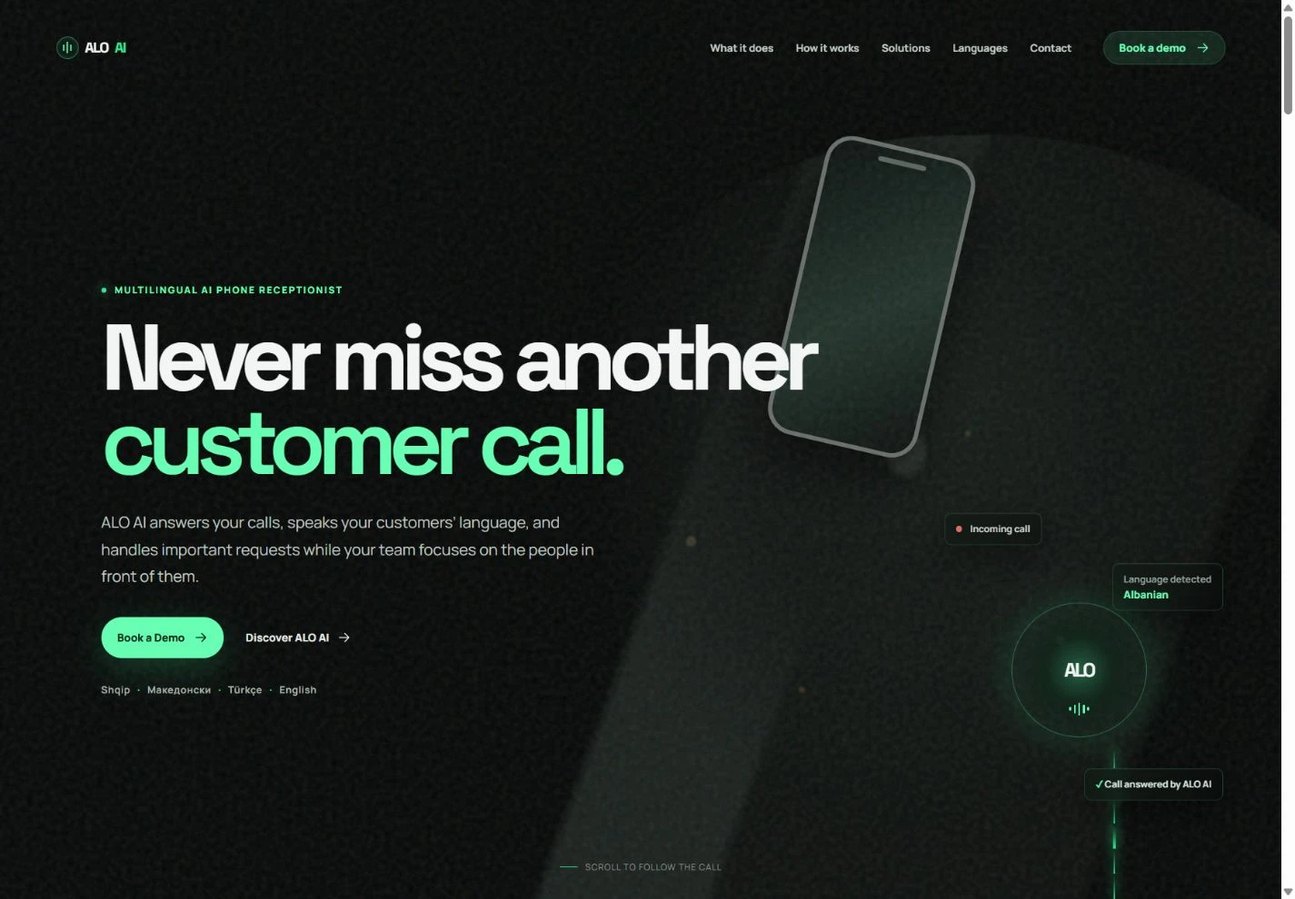 ALO AI desktop showcase with a dark hero, green headline and illustrative call interface.