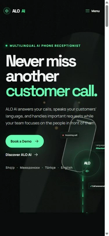 ALO AI mobile showcase with a product headline, compact menu and demo inquiry button.