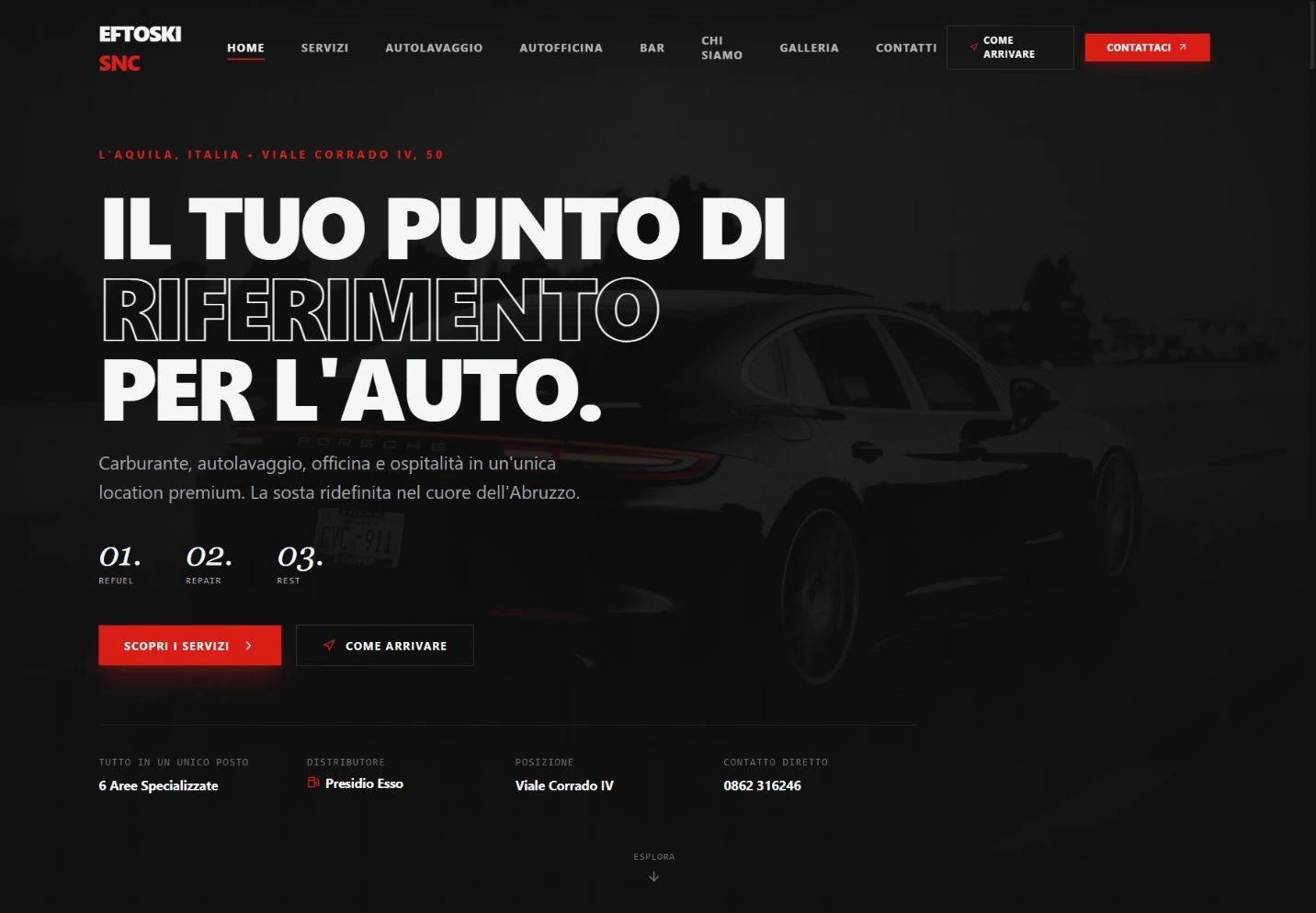Eftoski desktop website with an automotive hero, Italian headline and red action buttons.