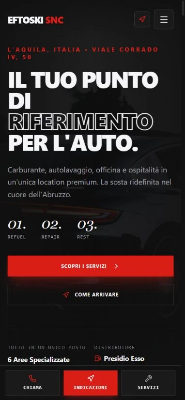 Eftoski mobile website with stacked service and directions buttons and a bottom action bar.