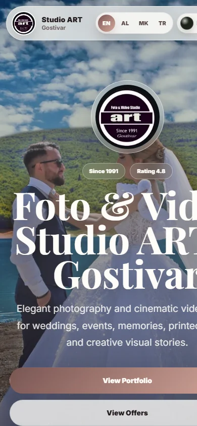 Mobile screenshot of the Foto ART Gostivar photography website with headline and action buttons.