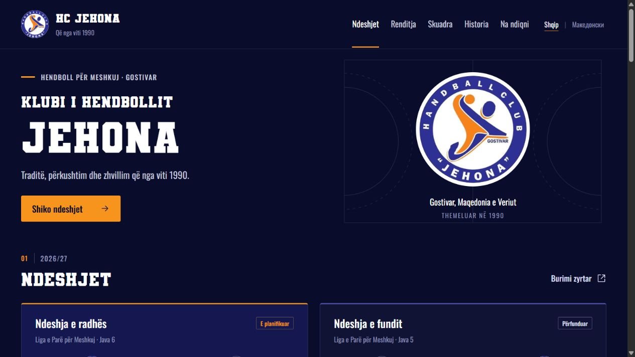 HC Jehona website with navy club identity, orange actions and match information.