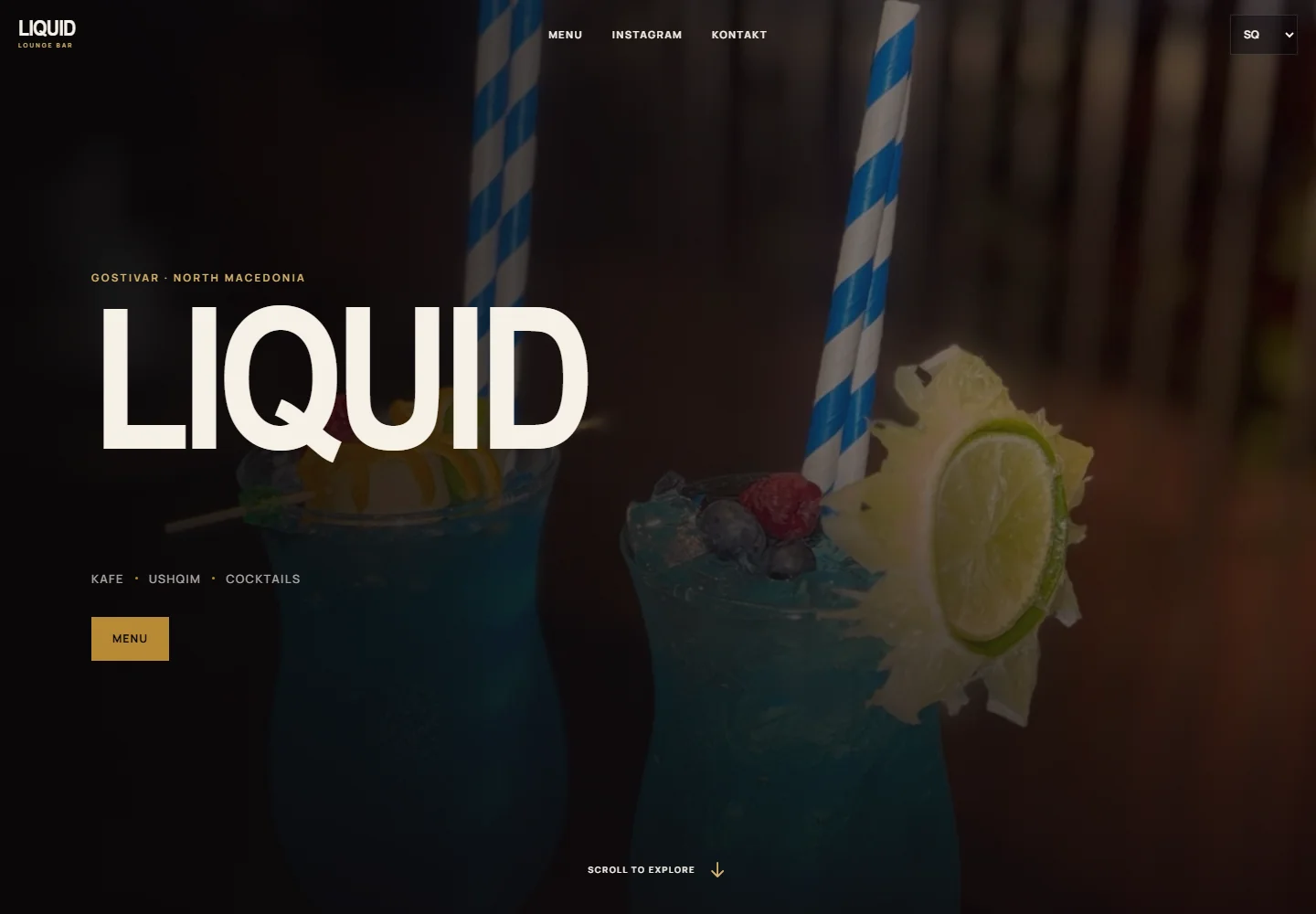 Desktop screenshot of the Liquid Lounge Bar website hero with drinks photography and menu action.