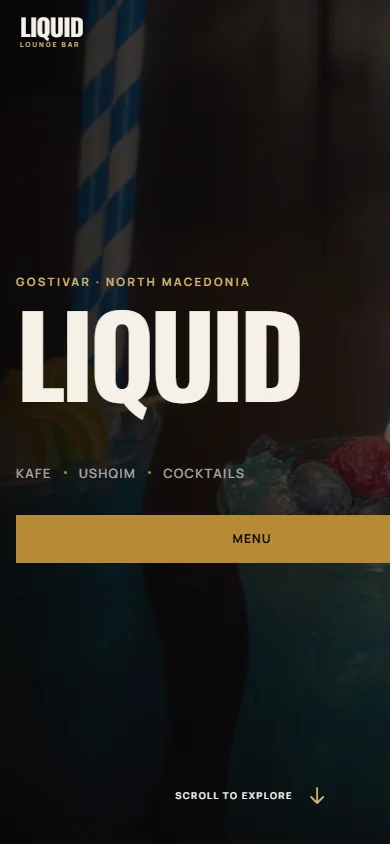 Mobile screenshot of the Liquid Lounge Bar website showing the hero and menu button.